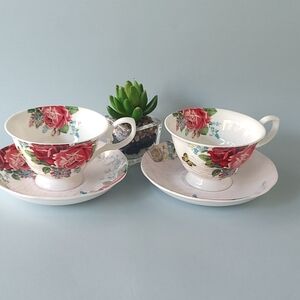 Teacup & Saucer Vintage Rose Sampson Stechcol Glacier Bone Microwave Safe 4 Piec